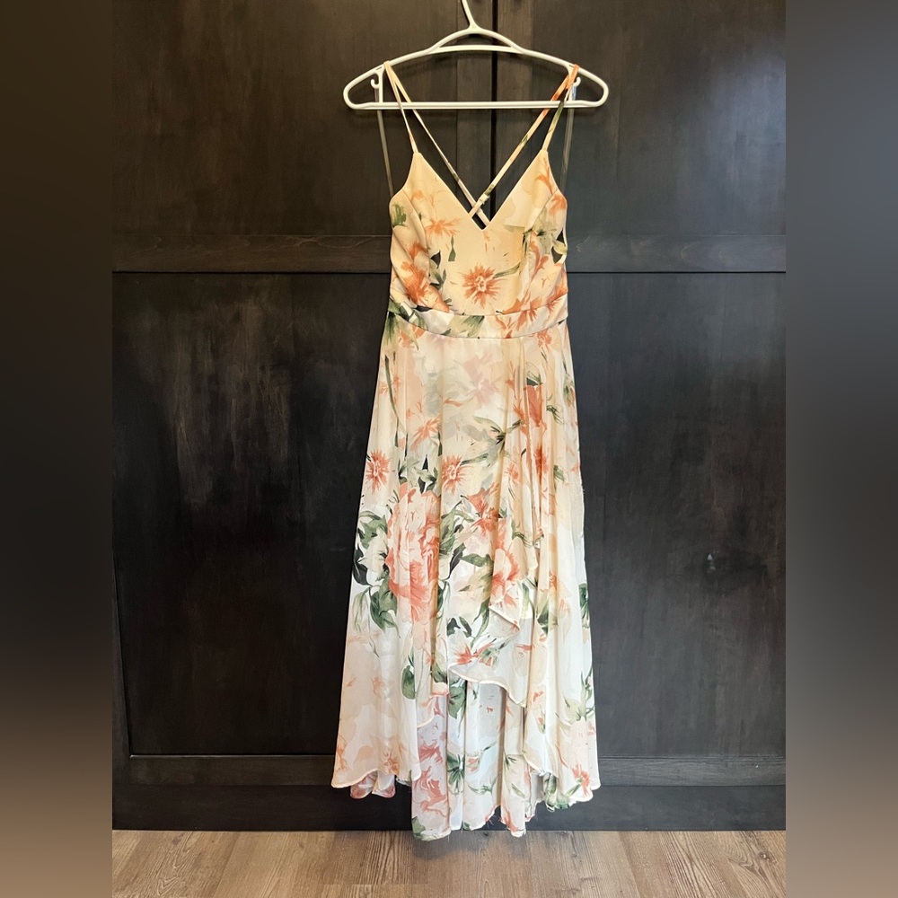 Le Chateau Floral High Low Dress in Cream and Pink